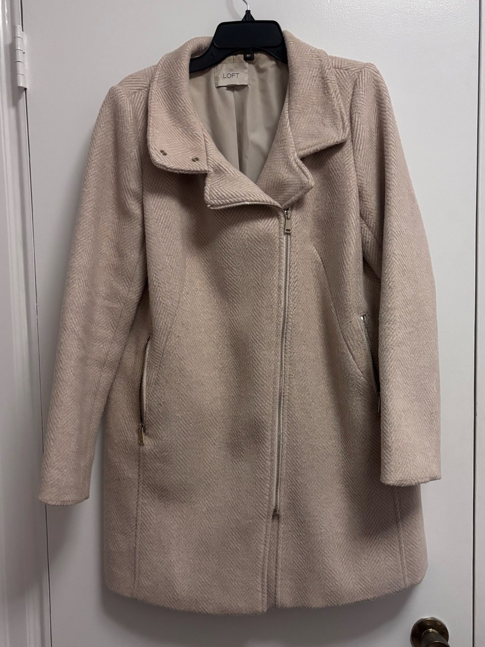 LOFT Cream Zip-Front Wool-Blend Pea Coat